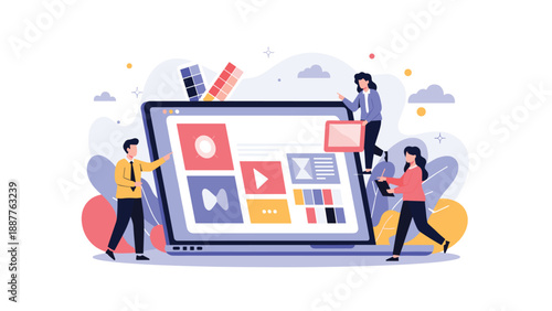 Team of graphic designers working together to build a website layout on a large laptop screen in a flat style.