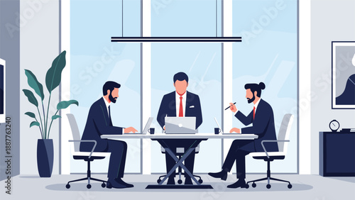 Group of three professional businessmen in suits sitting at a table working on laptops in a modern glass office.