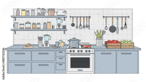 Modern kitchen interior with various appliances cookware and fresh colorful vegetables on the counter in a flat style.