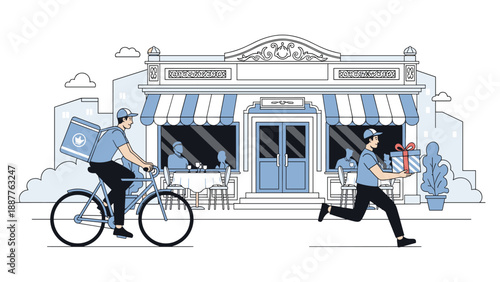Fast food delivery service scenes featuring energetic couriers on a bicycle and running to deliver orders from a cafe.