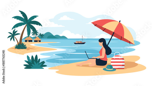 Young woman working on a laptop while relaxing on a tropical beach under a large colorful red and yellow umbrella.