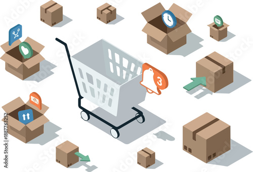 E-commerce Delivery Cart with Boxes and Notifications Isometric View