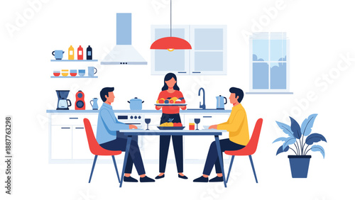 Family enjoys a healthy and happy dinner together in their modern, well-equipped kitchen and dining area at home around a central dinner table.