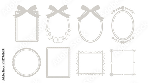 Minimal wedding frame set, bow ribbon ovals and circles, elegant monogram borders, invitation template, bridal shower, engagement party stationery vector