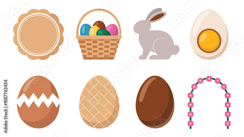 Easter icons vector set for egg hunt with basket, bunny silhouette, chocolate eggs, cracked shell, beaded garland, spring celebration design