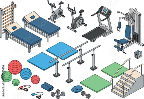 Rehabilitation Equipment Isometric Illustration of Medical Exercise Machines