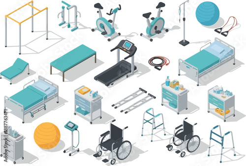 Comprehensive Set of Isometric Medical and Fitness Equipment Icons