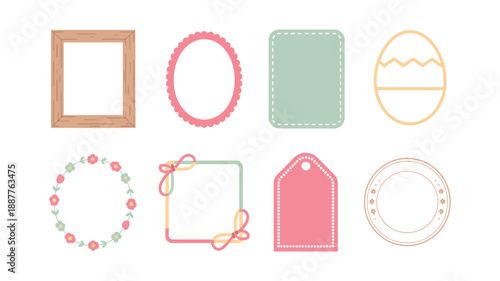 Mixed label frames, wooden rectangle, floral wreath circle, round tag, pink hang label vector, Easter egg, invitation, handmade packaging