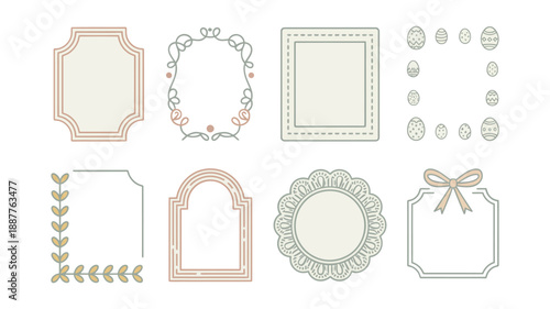 Spring wedding frames and labels set, pastel borders, laurel wreath corners, arch window frame, lace badge, baby shower invitation vector