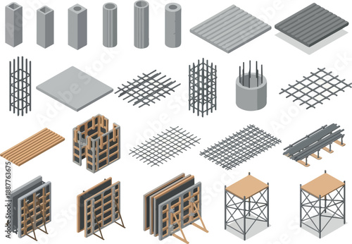 Isometric Concrete and Reinforcement Structures Construction Elements