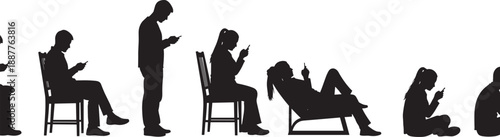 Black silhouette of a diverse group of people sitting and standing while using smartphones isolated on white background for technology addiction and communication concepts