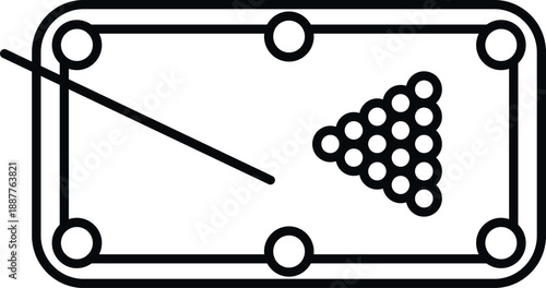 Billiard table with cue stick and fifteen racked balls, line art style