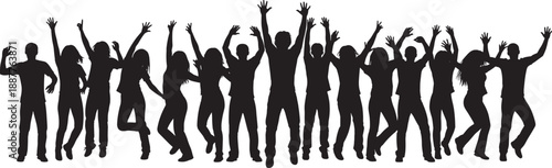 Black silhouette of a large diverse group of happy people jumping and cheering with raised hands isolated on white background for celebration and success concepts