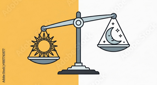 Balanced scales with sun and moon symbols on yellow and white background representing harmony and duality in a simple modern illustration