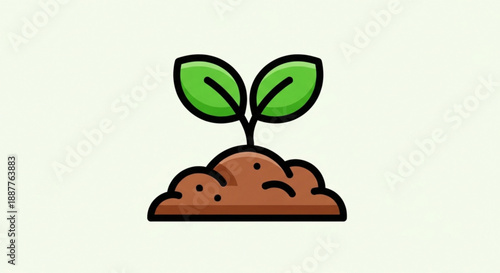Small green seedling with two leaves growing in brown soil symbolizing new life and growth on a plain background