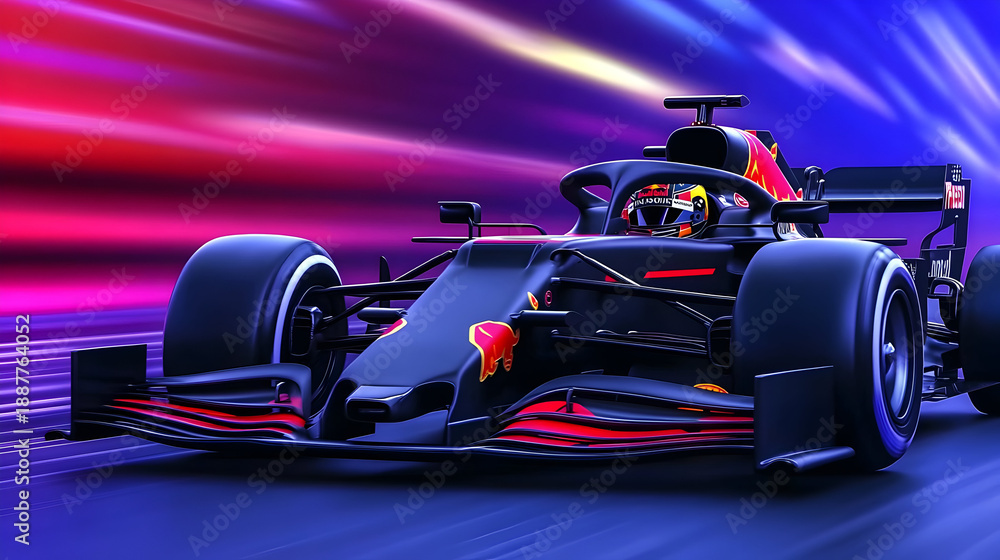 Obraz premium Dark Formula 1 race car against vibrant blue backdrop with flowing light trails