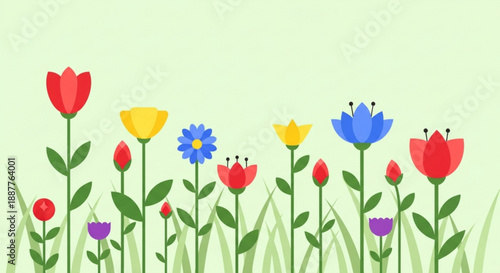 Colorful spring flowers and grass on light green background blooming garden scene with vibrant tulips and daisies