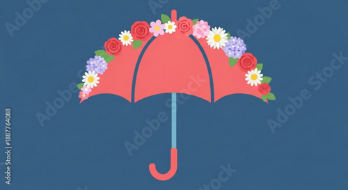 Vibrant pink umbrella adorned with colorful flowers on a blue background symbolizing protection and beauty