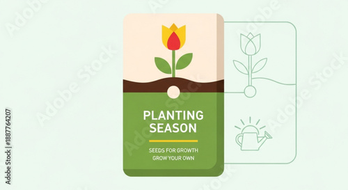 Planting season seed packet with flower and gardening tools on light green background