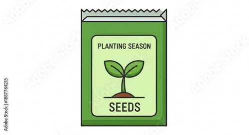 Green seed packet with sprouting plant and 'planting season seeds' text on white background