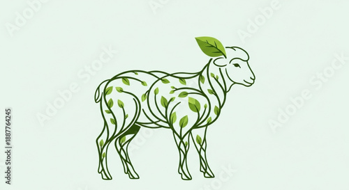 Eco friendly sheep with green leaves on body standing on light background symbolizing nature and sustainability
