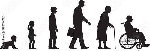 Comprehensive Black Silhouette Collection Illustrating Male Life Stages From Infancy and Childhood To Schooling Business Career And Elderly Senior Man Isolated On White Background Set