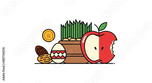 Colorful illustration of a bitten red apple with a wooden bowl of nuts and a decorated egg