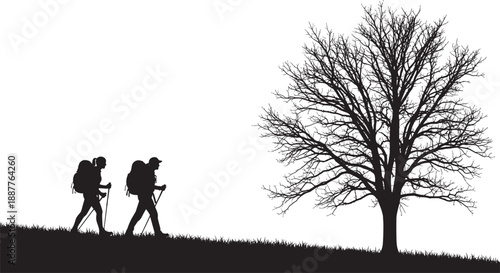 Black Silhouette of a Man and Woman Hiking with Backpacks and Trekking Poles Passing a Bare Tree on a Grassy Hillside Over White Background