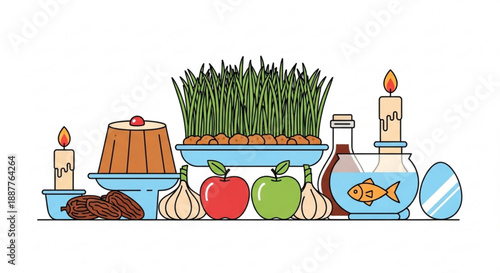 Traditional nowruz haft seen table setting with symbolic foods and decorations