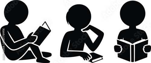 3 Human Silhouettes Reading Book – Flat Minimal Vector Illustration of Study & Leisure.