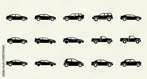 Collection of Diverse Black Car Silhouettes on a Light Background.
