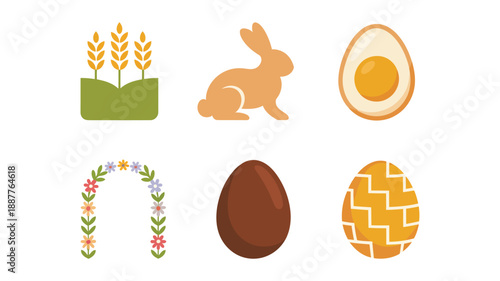 Rustic spring vector icons with wheat sprigs, sitting bunny, decorated eggs, floral arch, chocolate egg, farm holiday graphics for cards
