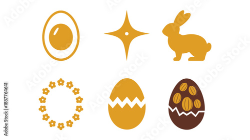 Minimal Easter icons with glowing egg, rabbit silhouette, wreath ring, patterned eggs, spring holiday vector clipart for greeting cards