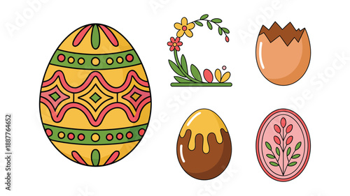 Decorated Easter egg illustration set with ornate pattern egg, cracked shells, floral wreath, leaf ornament, spring festival icons bundle