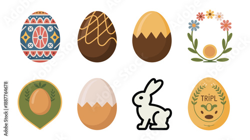 Easter holiday icons set, decorated eggs, chocolate drip eggs, cute bunny rabbit, spring leaves sprig, cookie badge, seasonal celebration vector