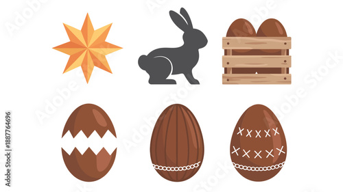 Easter chocolate egg collection, rustic wood crate, silhouette bunny, shining star emblem, patterned cocoa eggs, spring festival graphics, holiday vector
