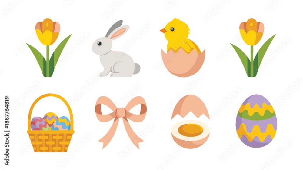 Fototapeta premium Easter celebration icon set, spring festival elements, bunny rabbit, baby chick, tulip flower, egg hunt basket, ribbon bow, decorated egg