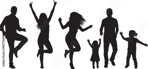 Energetic Black Silhouette Collection of Diverse Men Women and Children Dancing Jumping and Celebrating at a Party or Festive Event Isolated on White Background