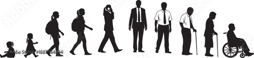 Comprehensive Black Silhouette Collection Illustrating Male Life Stages From Infancy and Childhood To Schooling Business Career And Elderly Senior Man Isolated On White Background Set