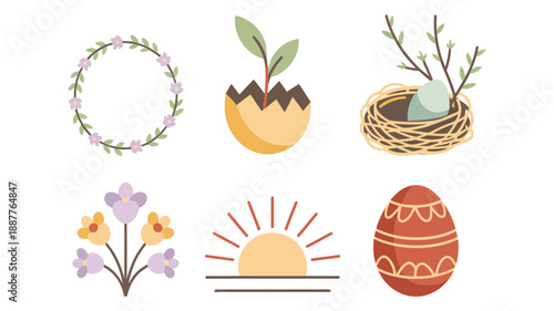Easter wreath and nest icons, cracked egg shell, floral branch, sunrise scene, spring bouquet, decorated egg, seasonal celebration vector