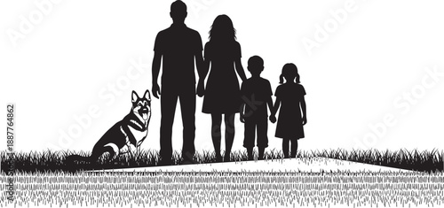 Happy Family Black Silhouette with Mother Father Son and Daughter Standing Together with their German Shepherd Dog on a Grassy Field Isolated on White