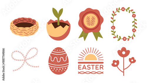 Easter label set, nest and sprout, award rosette, floral wreath, stitched ribbon, decorated eggs, word mark, seasonal holiday celebration vector