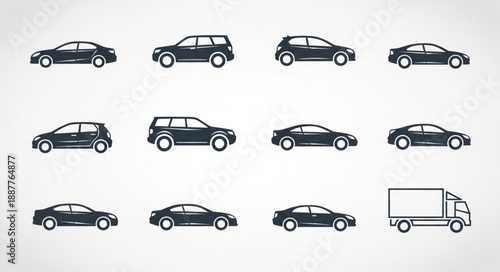 Collection of Car Silhouettes and Truck Icon.