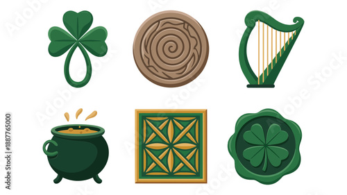 St Patrick Day icon set with shamrock, carved spiral disc, Celtic harp, pot of gold, woven tile medallion, festive illustration