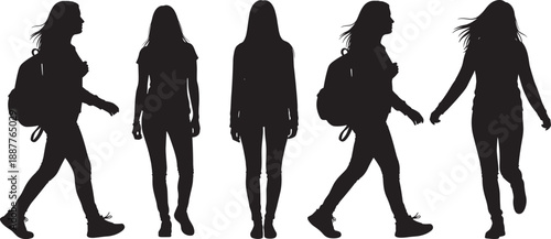 Collection of Black Silhouettes Featuring Young Women with Backpacks Walking and Standing in Various Poses Isolated on a Clean White Background for Graphic Design
