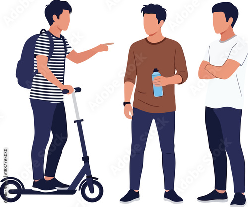 Group of young friends communicating, one pointing while riding a scooter, minimalist flat vector illustration on white background.