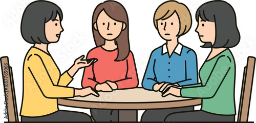 Four women sitting around a table engaged in a serious discussion or meeting, with one woman speaking and gesturing to the group.
