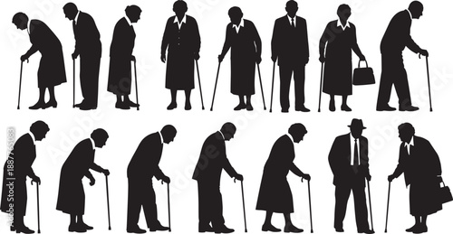Comprehensive Black Silhouette Collection of Elderly Senior Citizens Walking with Canes and Mobility Aids in Various Poses Isolated on a Clean White Background Set