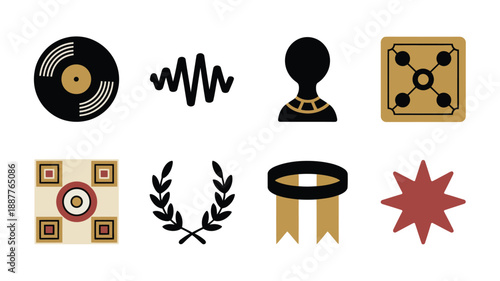 Music award icon set with vinyl record, sound wave, microphone badge, trophy ribbon, laurel wreath, stamp frame and starburst seal