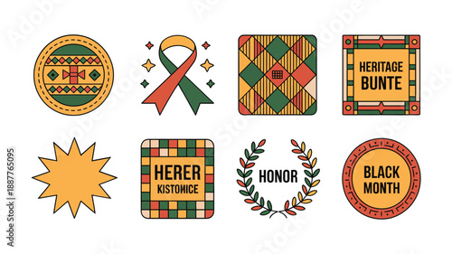 Black History Month ribbon and badge vector set with kente pattern, honor medal, star rosette, cultural pride celebration design